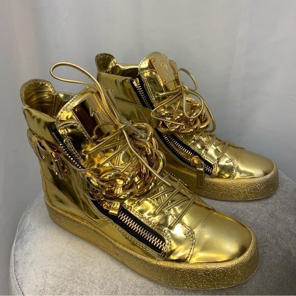 Giuseppe Zanotti London Mirrored Leather Chain High  'Vegas Gold' hi-top sneaker - Picture 4 of 17